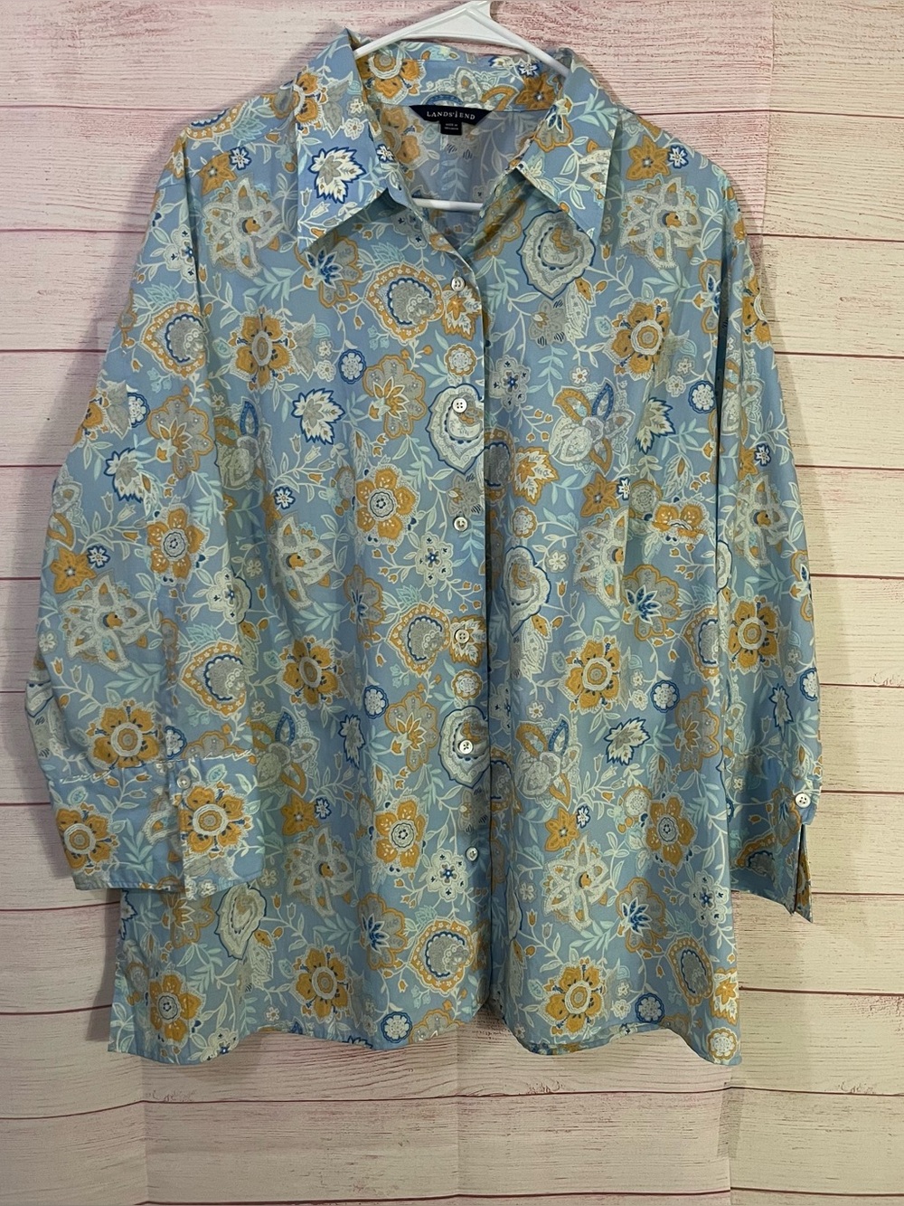 Lands' End Blue Orange‎ Floral Button Up Three Quarter Sleeve Blouse Size 24W